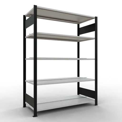 Schulte Büro-Fachbodenregal MULTIplus150 Stecksystem mit Mittelanschlag | Grundregal | Fachlast 150kg | 180x130x60cm | 5 Ebenen | Beidseitig nutzbar | Schwarz/Lichtgrau