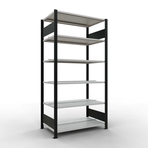 Schulte Büro-Fachbodenregal MULTIplus150 Stecksystem mit Mittelanschlag | Grundregal | Fachlast 150kg | 200x100x60cm | 6 Ebenen | Beidseitig nutzbar | Schwarz/Lichtgrau