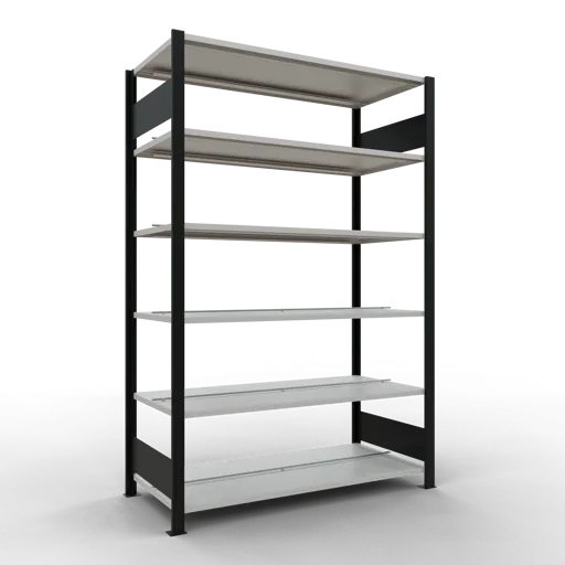 Schulte Büro-Fachbodenregal MULTIplus150 Stecksystem mit Mittelanschlag | Grundregal | Fachlast 150kg | 200x130x60cm | 6 Ebenen | Beidseitig nutzbar | Schwarz/Lichtgrau