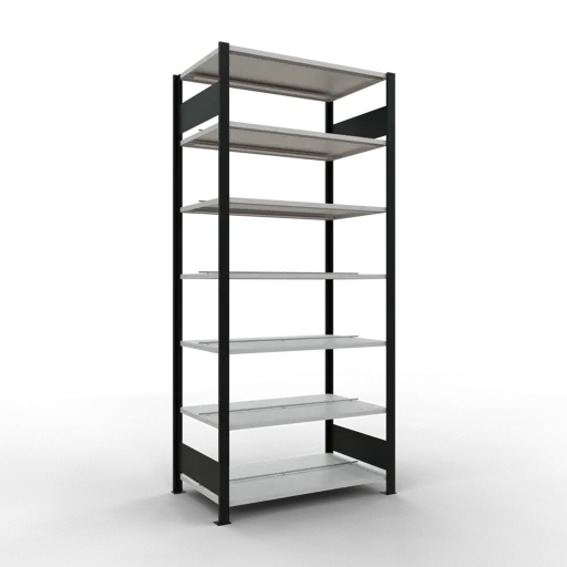 Schulte Büro-Fachbodenregal MULTIplus150 Stecksystem mit Mittelanschlag | Grundregal | Fachlast 150kg | 230x100x60cm | 7 Ebenen | Beidseitig nutzbar | Schwarz/Lichtgrau