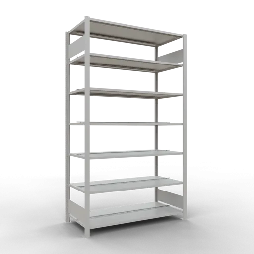 Schulte Büro-Fachbodenregal MULTIplus150 Stecksystem mit Mittelanschlag | Grundregal | Fachlast 150kg | 230x130x60cm | 7 Ebenen | Beidseitig nutzbar | Lichtgrau