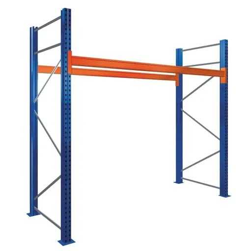 Schulte Paletten-Bockregal bis zu 500kg Palettengewicht | Grundregal | HxBxT 250x270x110cm | Fachlast 1500kg | 2 Ebenen mit 6 Palettenplätzen | Blau/Orange