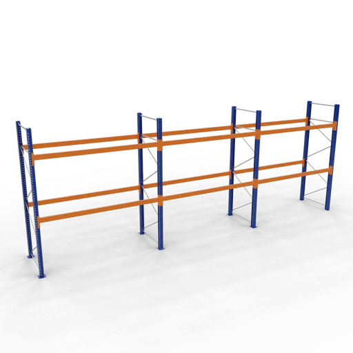 Schulte Palettenregal bis zu 1.000kg Palettengewicht | Grundregal | Fachlast 3000kg | HxBxT 300x854x110cm | 3 Ebenen mit 27 Palettenplätzen | Blau/Orange