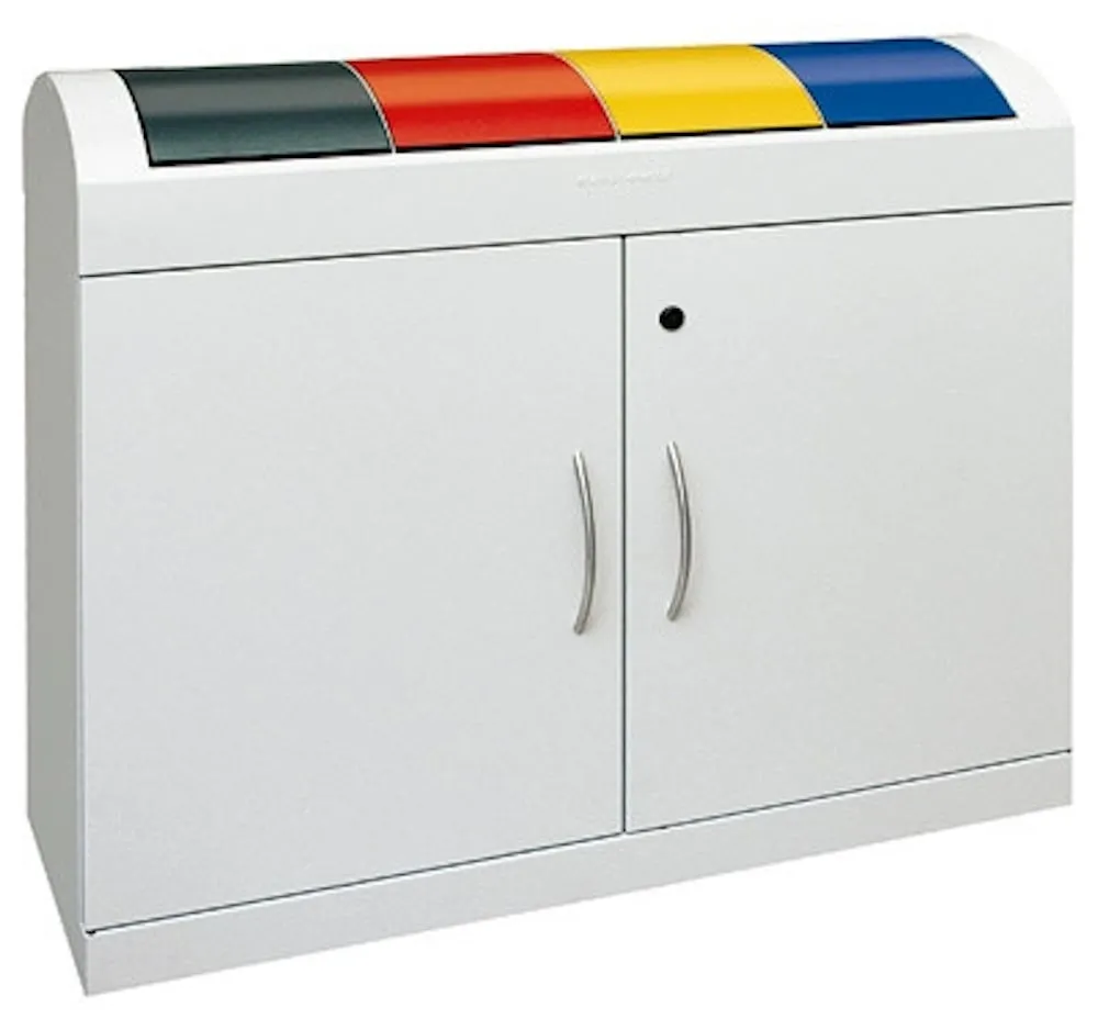 Wertstoffsammler mit selbstschließenden Pendelklappen | 4x45 Liter, HxBxT 97,5x110x32cm | Feuer- & Geruchshemmend | Lichtgrau/Anthrazitgrau/Feuerrot/Signalgelb/Enzianblau