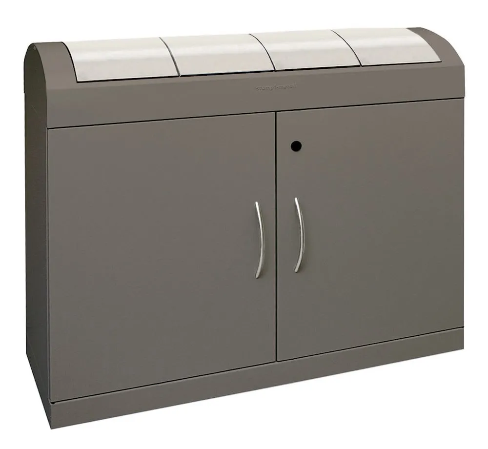 Stylischer Wertstoffsammler mit selbstschließenden Edelstahl-Pendelklappen | 4x45 Liter, HxBxT 100x110x32cm | Feuer- & Geruchshemmend | Soft-Mokka