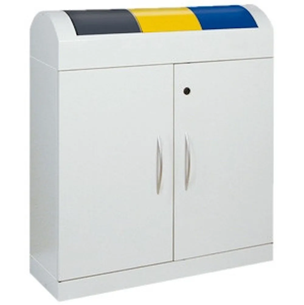 Wertstoffsammler mit selbstschließenden Pendelklappen | 3x45 Liter, HxBxT 97,5x86x32cm | Feuer- & Geruchshemmend | Lichtgrau/Anthrazitgrau/Signalgelb/Enzianblau