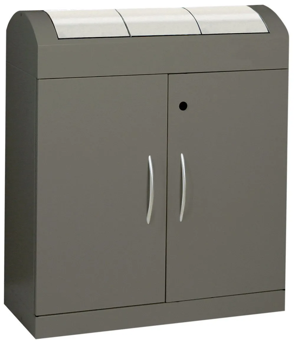 Stylischer Wertstoffsammler mit selbstschließenden Edelstahl-Pendelklappen | 3x45 Liter, HxBxT 100x86x32cm | Feuer- & Geruchshemmend | Soft-Mokka