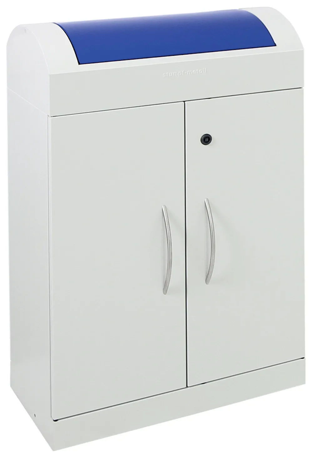 Wertstoffsammler mit selbstschließenden Pendelklappen | 90 Liter, HxBxT 97,5x62x32cm | Feuer- & Geruchshemmend | Lichtgrau/Enzianblau