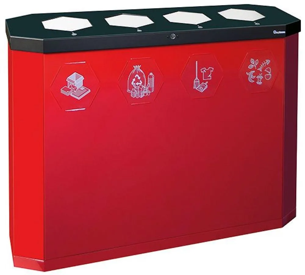 Abfallsammler mit Edelstahl-Einwurfklappe | 4x45 Liter, HxBxT 83x120x35,5cm | Rubinrot
