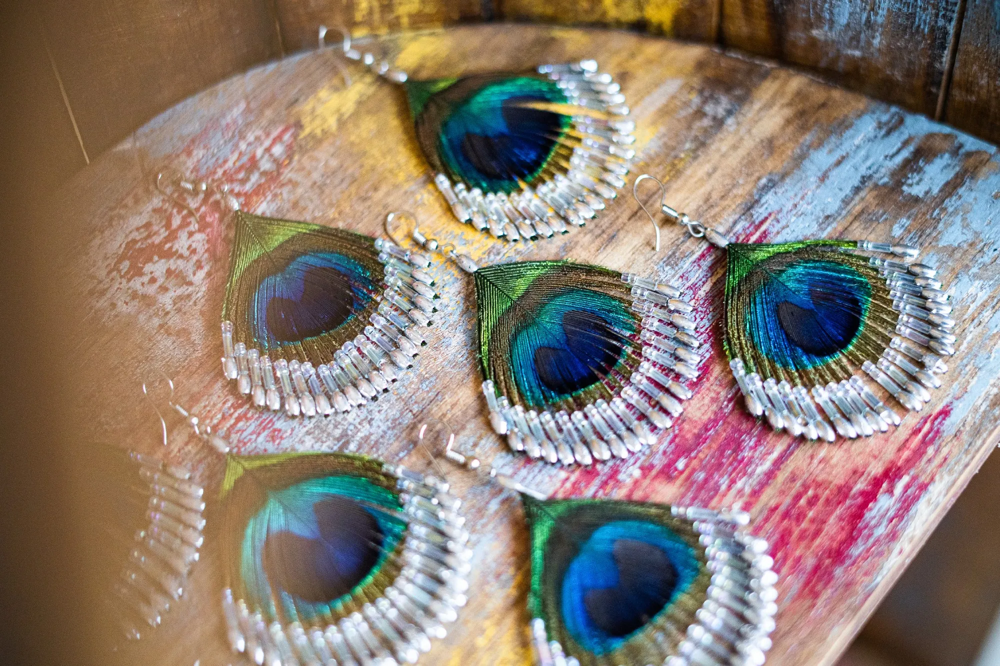 Ohrringe 'Pfauenfeder', multicolor, silber, B 3 cm, H 8 cm