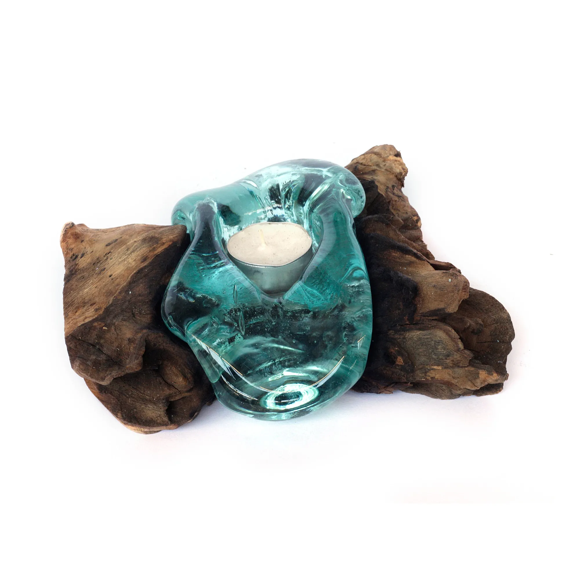 Wurzelholz-Glasteelichthalter, B ca. 20 cm, H ca. 10 cm, T ca. 15 cm