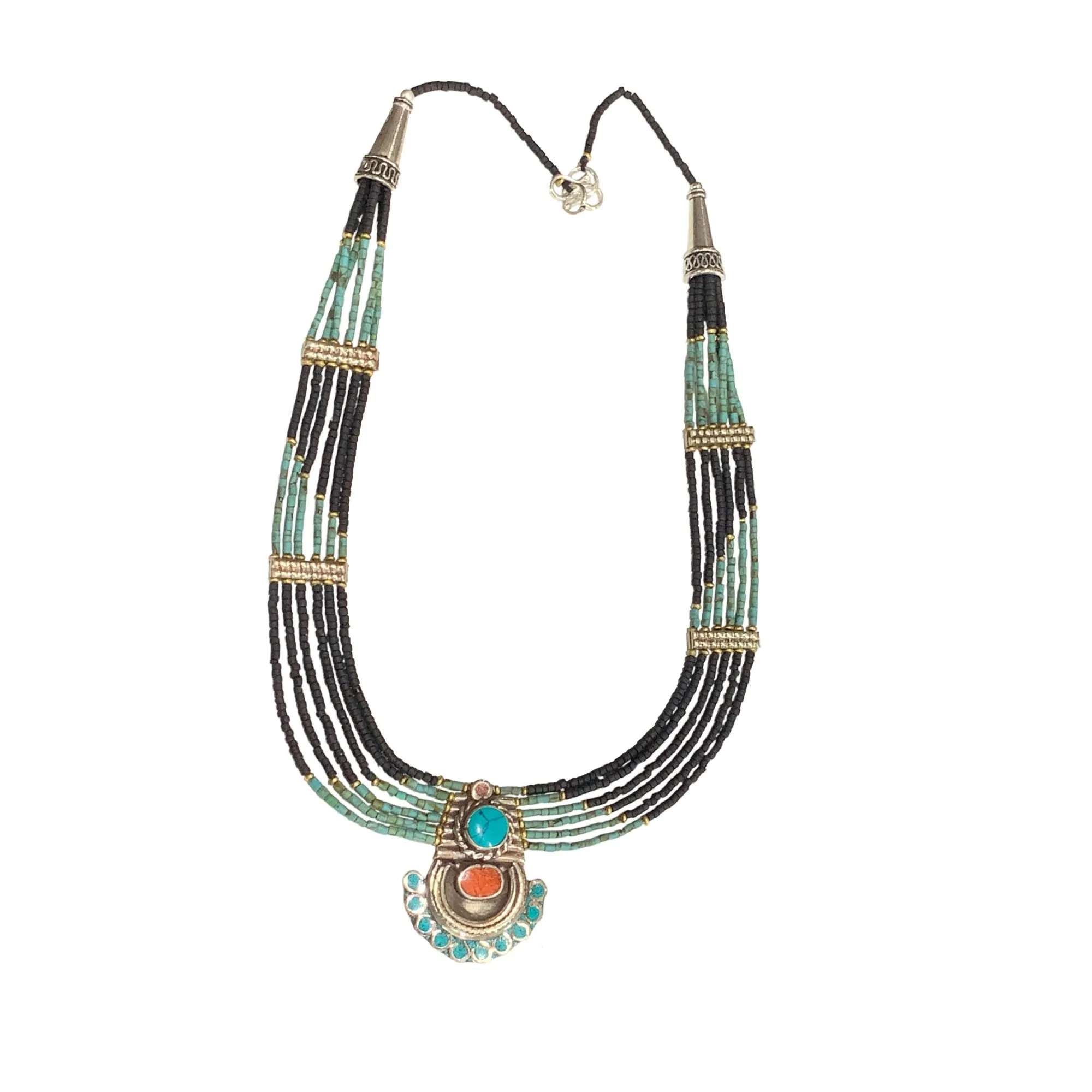 Kette Onyx/Türkis/Koralle, Onyx + Glasperlen, L 44 cm