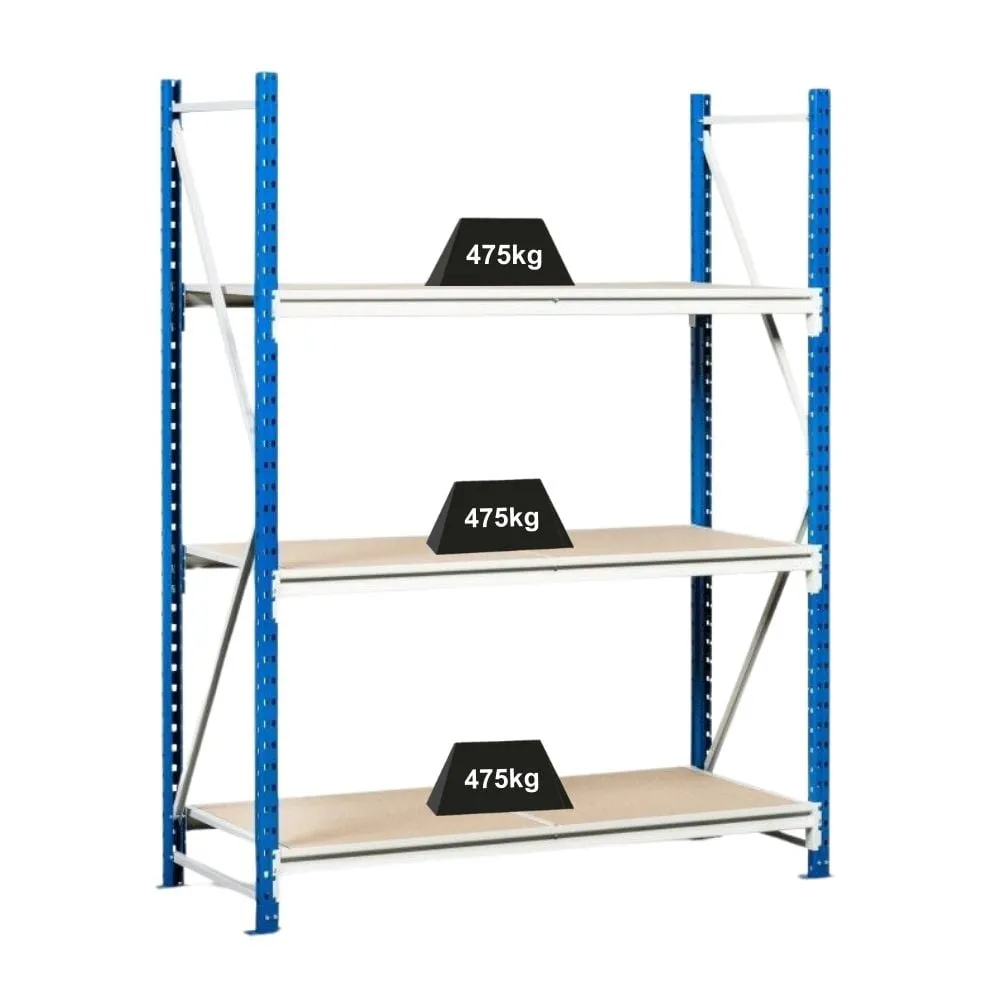 Weitspannregal MAXIMUS | Grundregal | HxBxT 200x150x80cm | 4 Ebenen | Spanplatten-Fachboden | Fachlast 475kg | Lichtblau/Lichtgrau