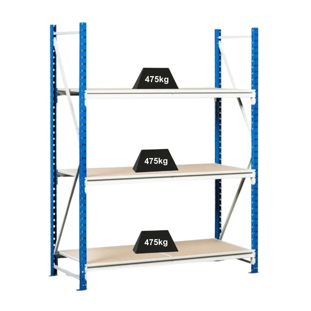 Weitspannregal MAXIMUS | Grundregal | HxBxT 200x150x60cm | 4 Ebenen | Spanplatten-Fachboden | Fachlast 475kg | Lichtblau/Lichtgrau