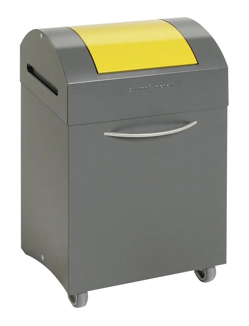 Abfallsammler mit selbstschließendem Pendeldeckel & Frontrollen | 45 Liter, HxBxT 65x38x32cm | Feuer- & Geruchshemmend | Anthrazitgrau/Signalgelb