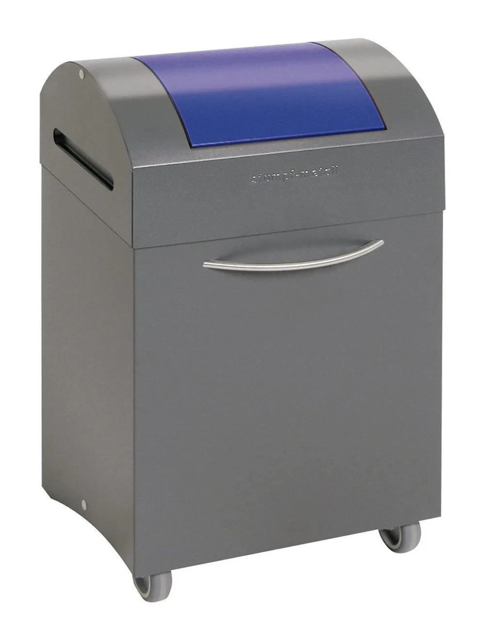 Abfallsammler mit selbstschließendem Pendeldeckel & Frontrollen | 45 Liter, HxBxT 65x38x32cm | Feuer- & Geruchshemmend | Anthrazitgrau/Enzianblau