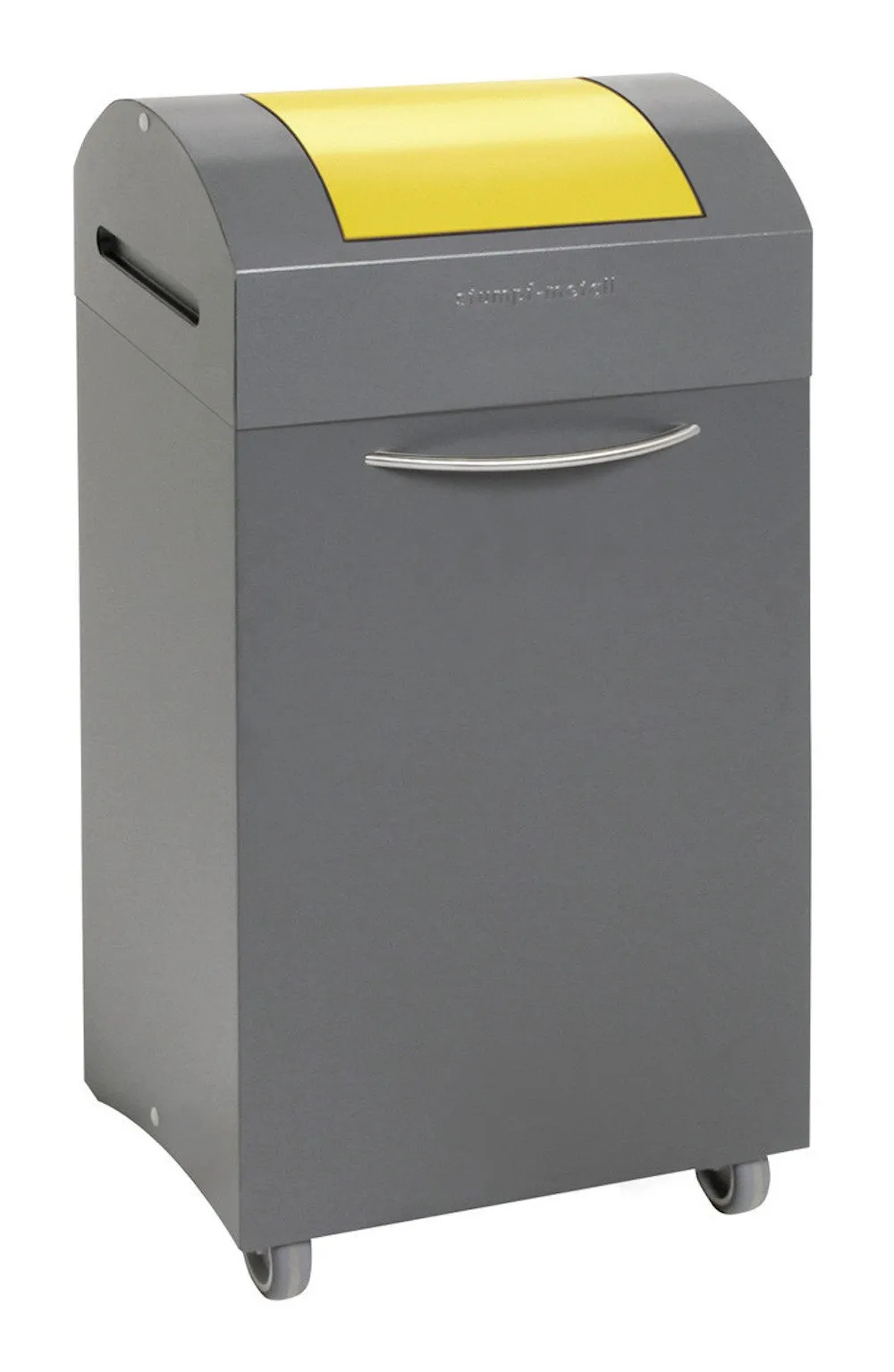 Abfallsammler mit selbstschließendem Pendeldeckel & Frontrollen | 60 Liter, HxBxT 79,5x38x32cm | Feuer- & Geruchshemmend | Anthrazitgrau/Signalgelb