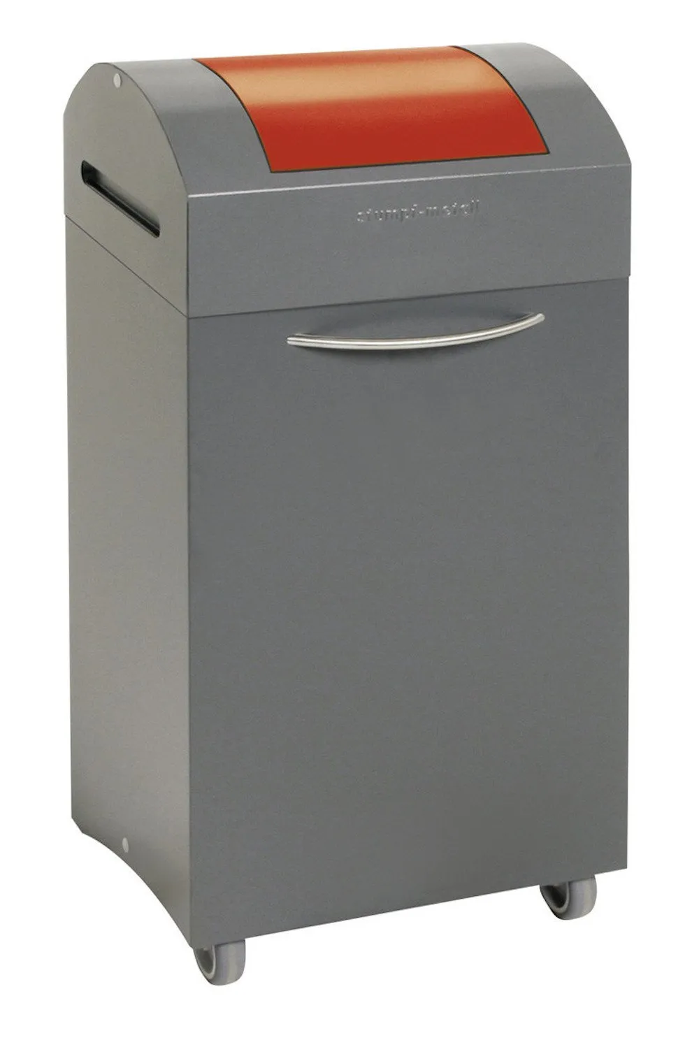 Abfallsammler mit selbstschließendem Pendeldeckel & Frontrollen | 60 Liter, HxBxT 79,5x38x32cm | Feuer- & Geruchshemmend | Anthrazitgrau/Feuerrot