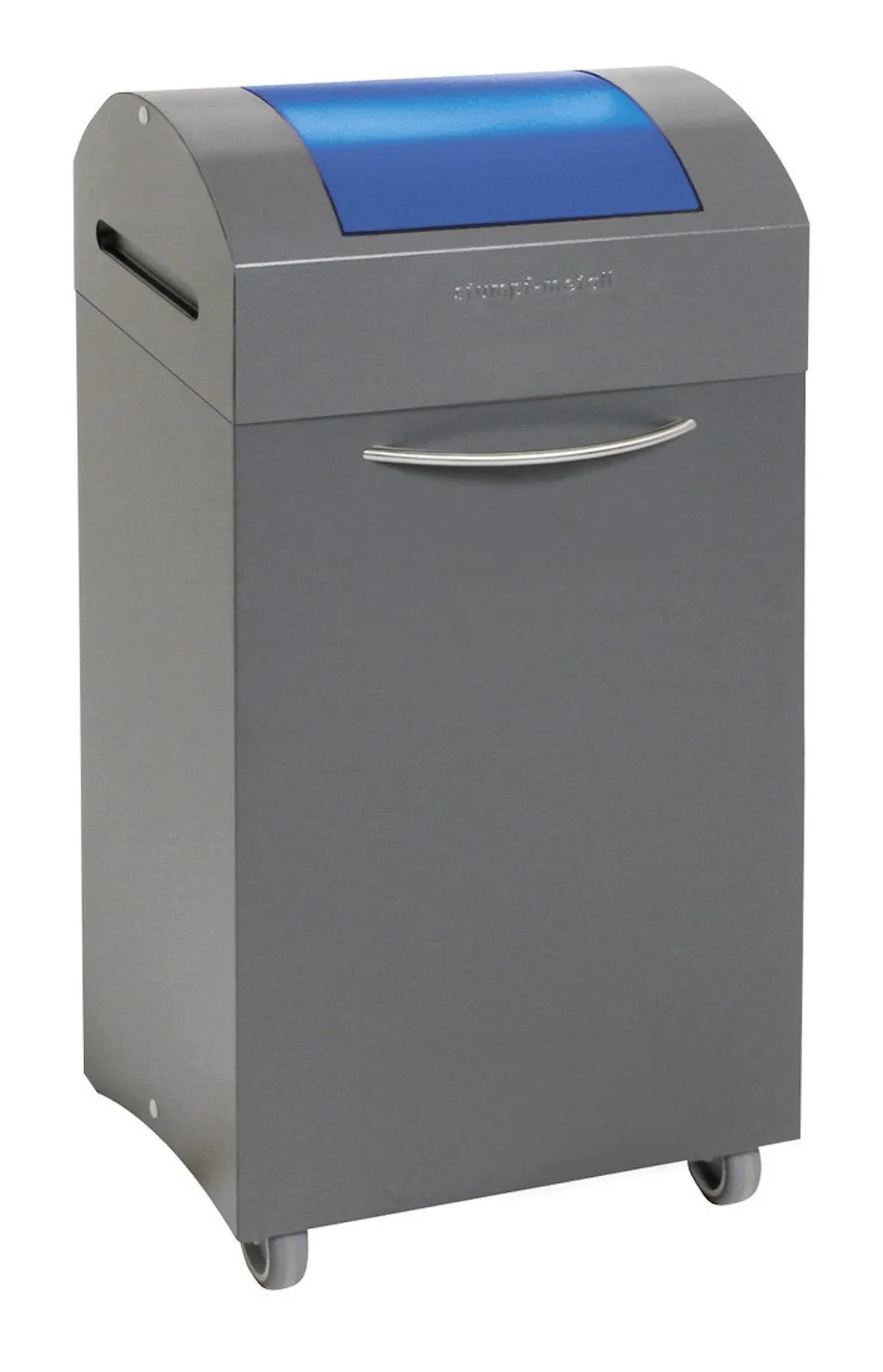 Abfallsammler mit selbstschließendem Pendeldeckel & Frontrollen | 60 Liter, HxBxT 79,5x38x32cm | Feuer- & Geruchshemmend | Anthrazitgrau/Enzianblau