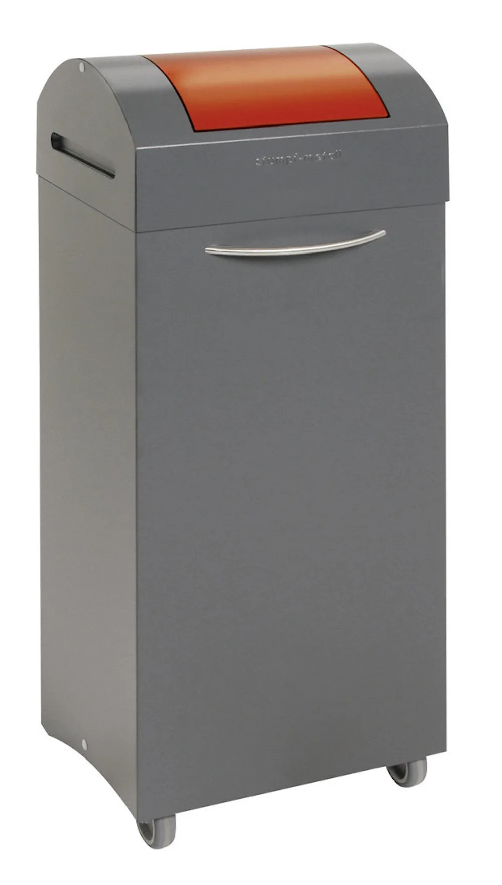 Abfallsammler mit selbstschließendem Pendeldeckel & Frontrollen | 75 Liter, HxBxT 94x38x32cm | Feuer- & Geruchshemmend | Anthrazitgrau/Feuerrot