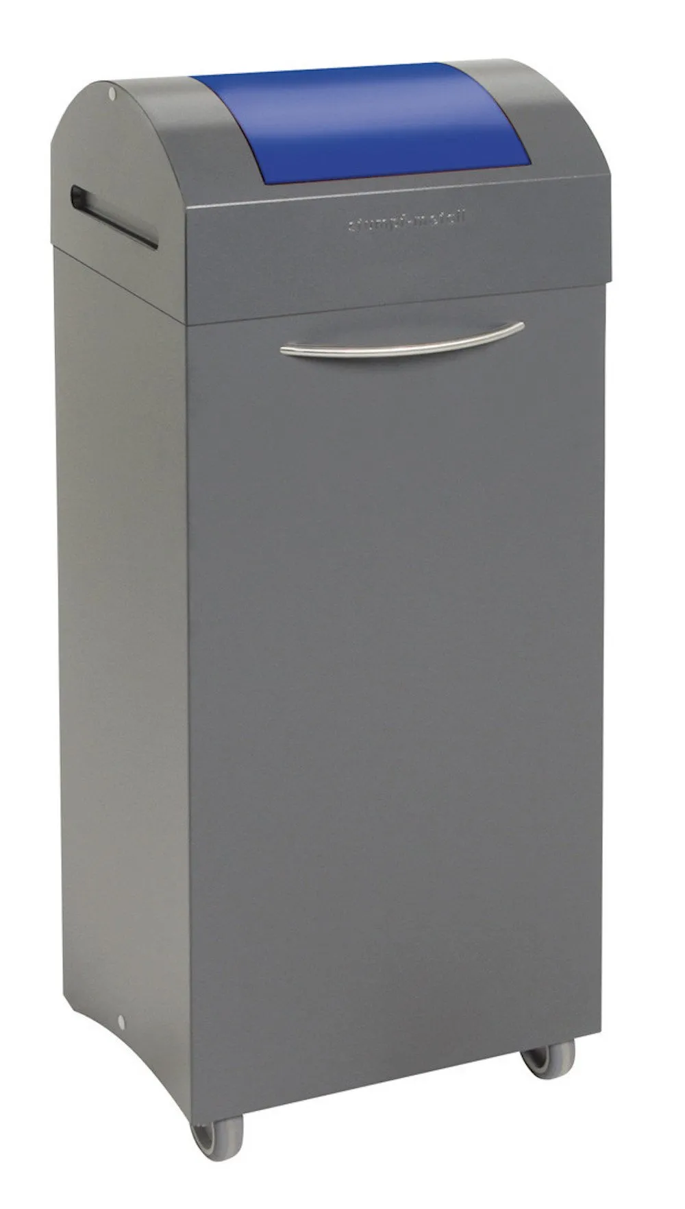 Abfallsammler mit selbstschließendem Pendeldeckel & Frontrollen | 75 Liter, HxBxT 94x38x32cm | Feuer- & Geruchshemmend | Anthrazitgrau/Enzianblau