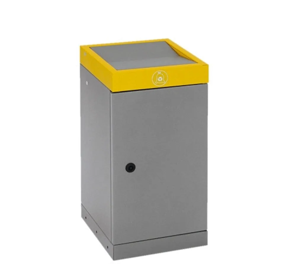 Abfallsammler mit nach unten öffnendem Doppel-Schwingdeckel | 30 Liter, HxBxT 60x30x30cm | Feuer- & Geruchshemmend | Graualu/Signalgelb