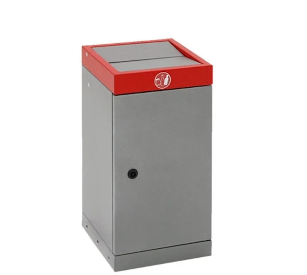 Abfallsammler mit nach unten öffnendem Doppel-Schwingdeckel | 30 Liter, HxBxT 60x30x30cm | Feuer- & Geruchshemmend | Graualu/Feuerrot