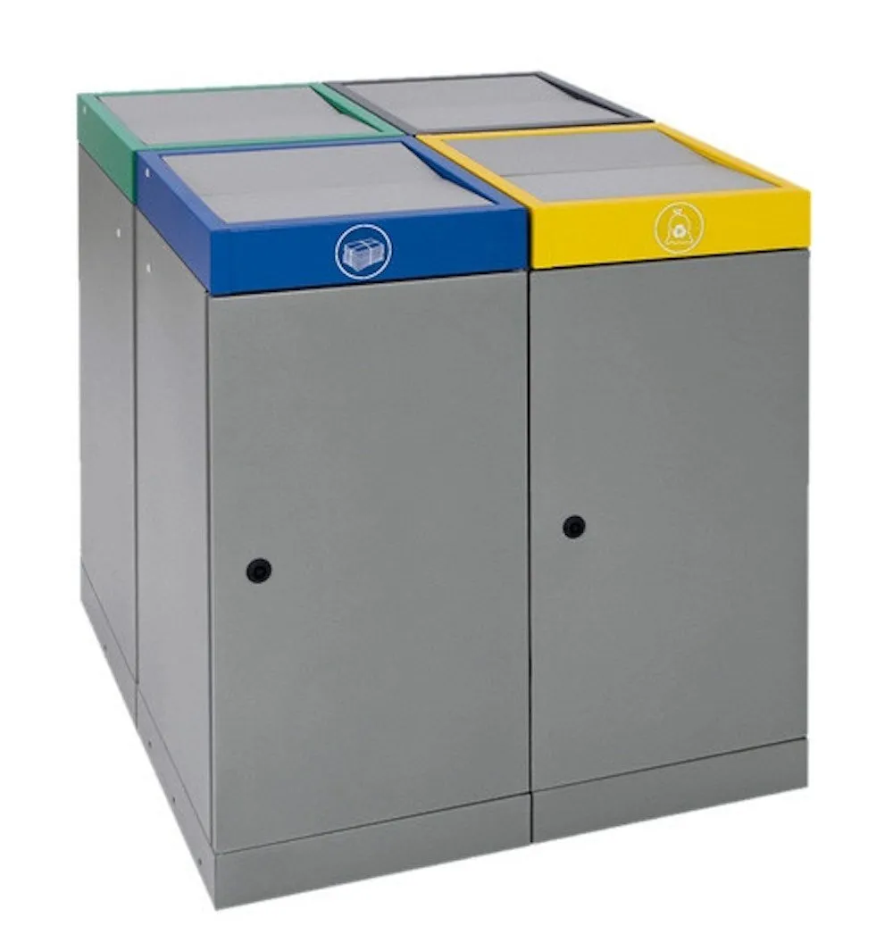Abfallsammler mit nach unten öffnendem Doppel-Schwingdeckel | 4x70 Liter, HxBxT 86x81x77cm | Feuer- & Geruchshemmend | Graualu/Signalgelb/Enzianblau/Anthrazitgrau