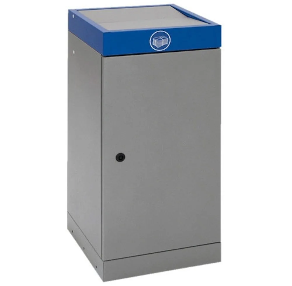 Abfallsammler mit nach unten öffnendem Doppel-Schwingdeckel | 70 Liter, HxBxT 85x40x38cm | Feuer- & Geruchshemmend | Graualu/Enzianblau