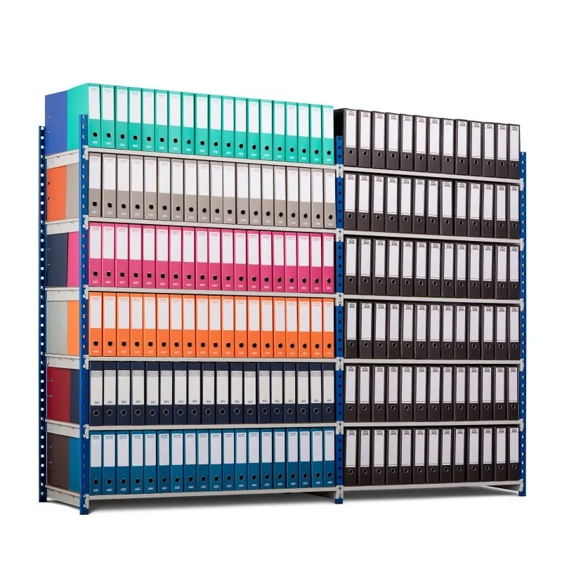 Aktenregal MAXIMUS Doppelseitig | Anbauregal | HxBxT 200x100x60cm | 5 Ebenen | offener Fachboden | Fachlast 186kg | bis zu 110 Dokumentenordnern | Lichtblau/Lichtgrau