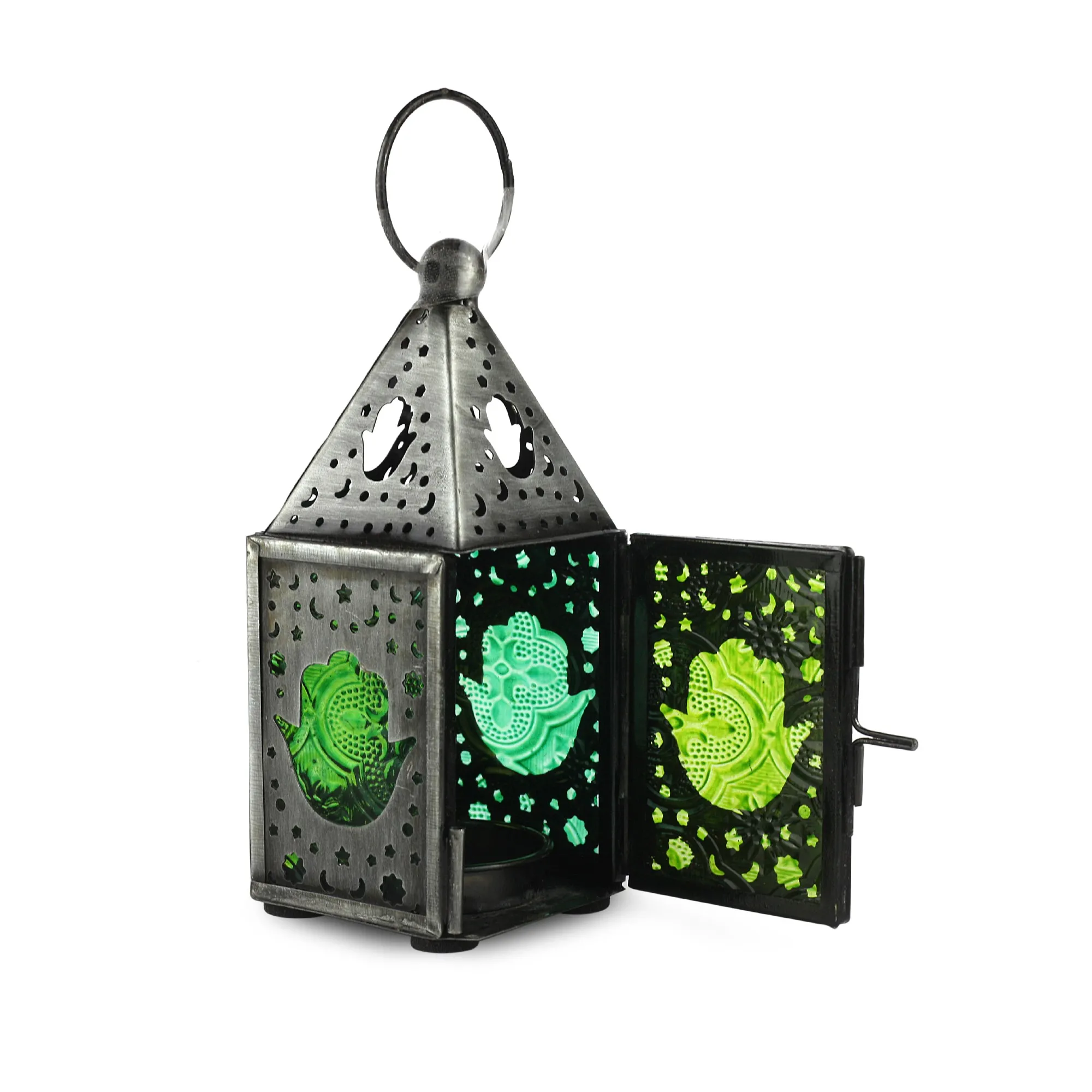 Laterne 'Green Hamsa', grün, T 5 cm, B 5 cm, H 13 cm