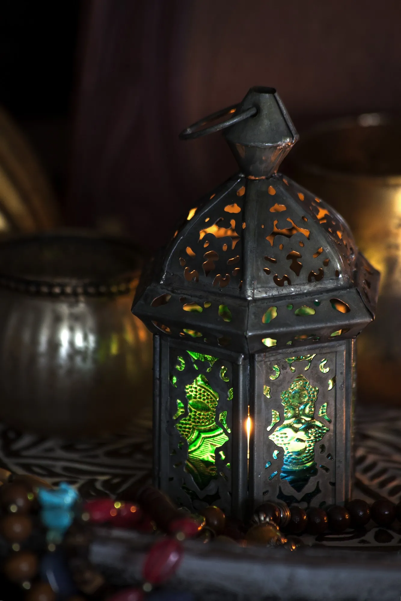 Laterne 'Mellal', blau, grün, Ø 7 cm, H 14 cm