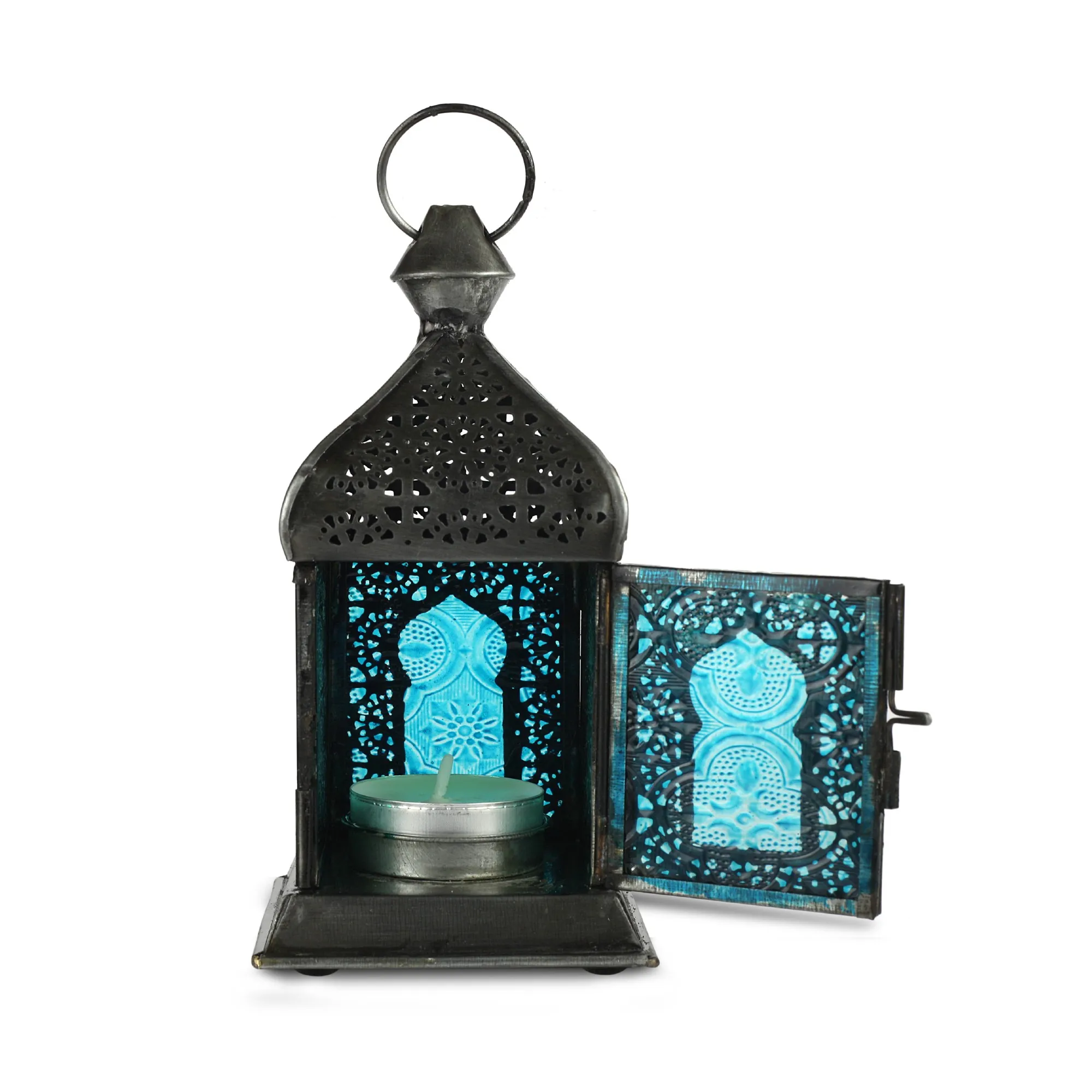 Laterne 'Shumie', türkis, grün, T 8 cm, B 8 cm, H 16 cm