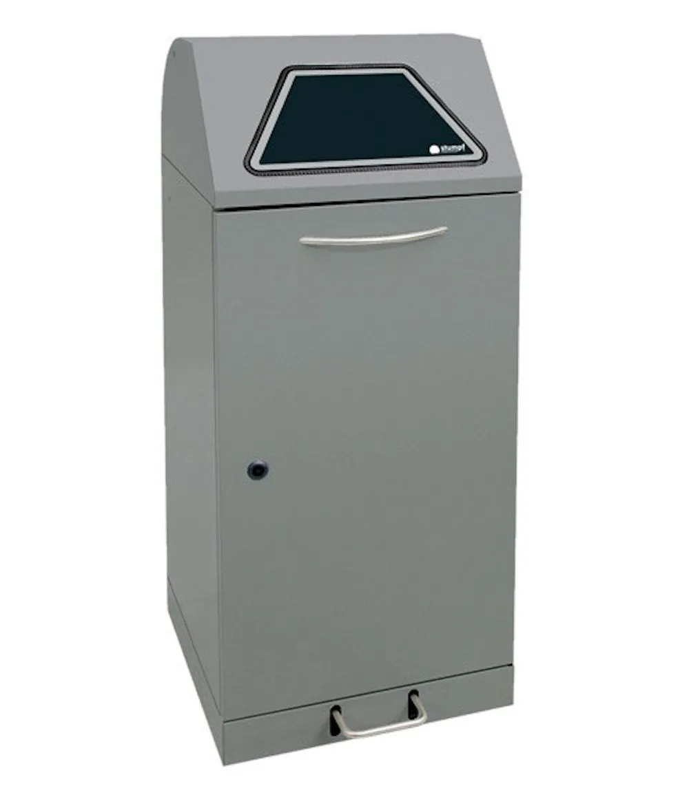 Abfallbehälter mit ausziehbarer Tütenhalterung & Fußhebel | 120 Liter, HxBxT 110x45x45cm | Brandschutzklasse A1 | Dunkelgrau mit Klappenaufkleber in 4 Farben