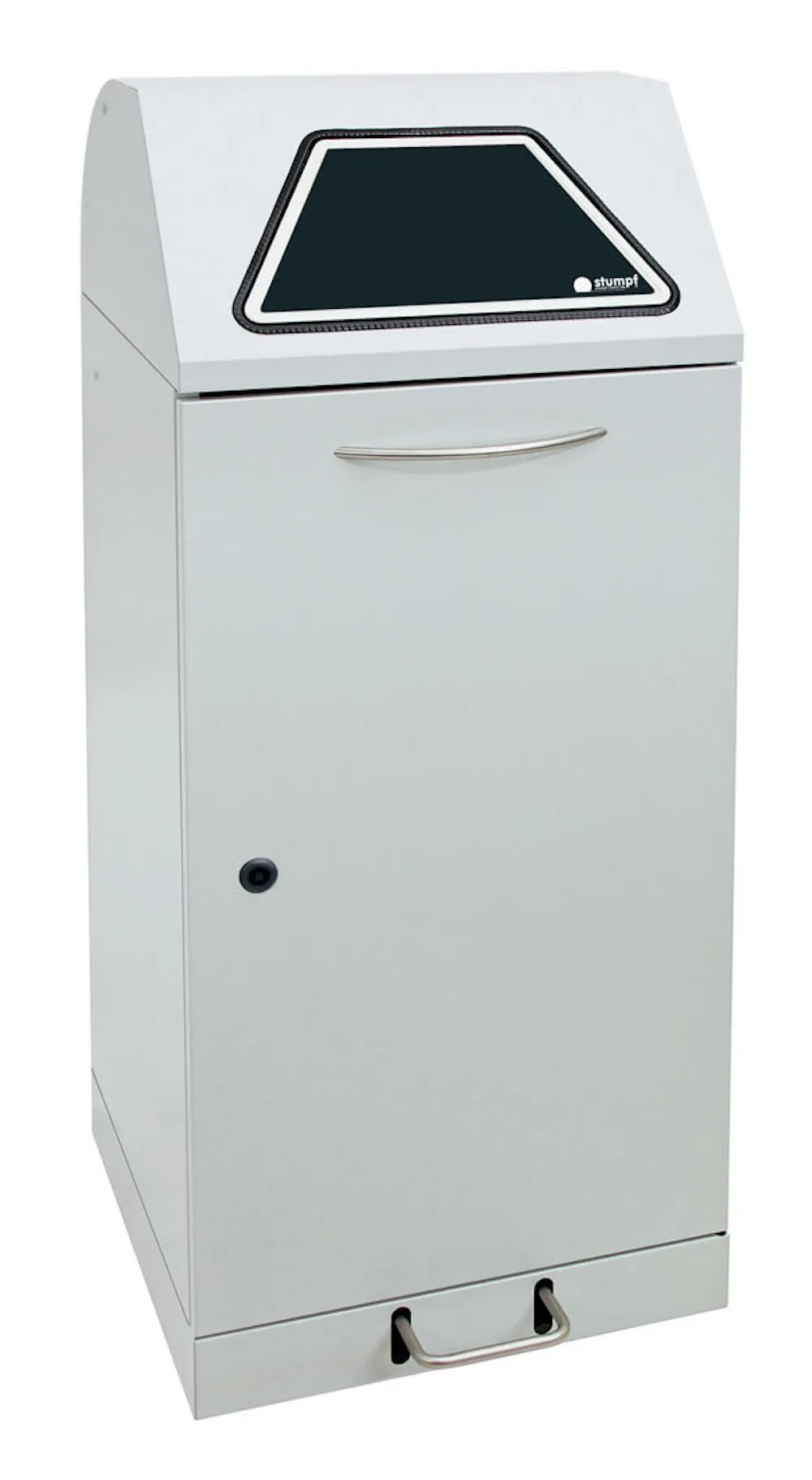 Abfallbehälter mit verzinktem Stahleinsatz & Fußhebel | 120 Liter, HxBxT 110x45x45cm | Brandschutzklasse A1 | Lichtgrau mit Klappenaufkleber in 4 Farben