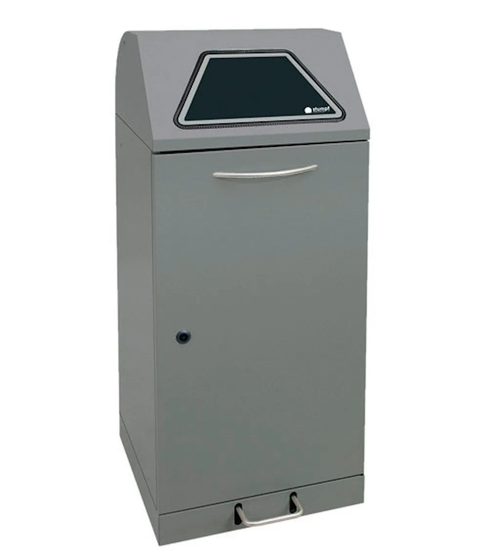 Abfallbehälter mit verzinktem Stahleinsatz & Fußhebel | 120 Liter, HxBxT 110x45x45cm | Brandschutzklasse A1 | Dunkelgrau mit Klappenaufkleber in 4 Farben