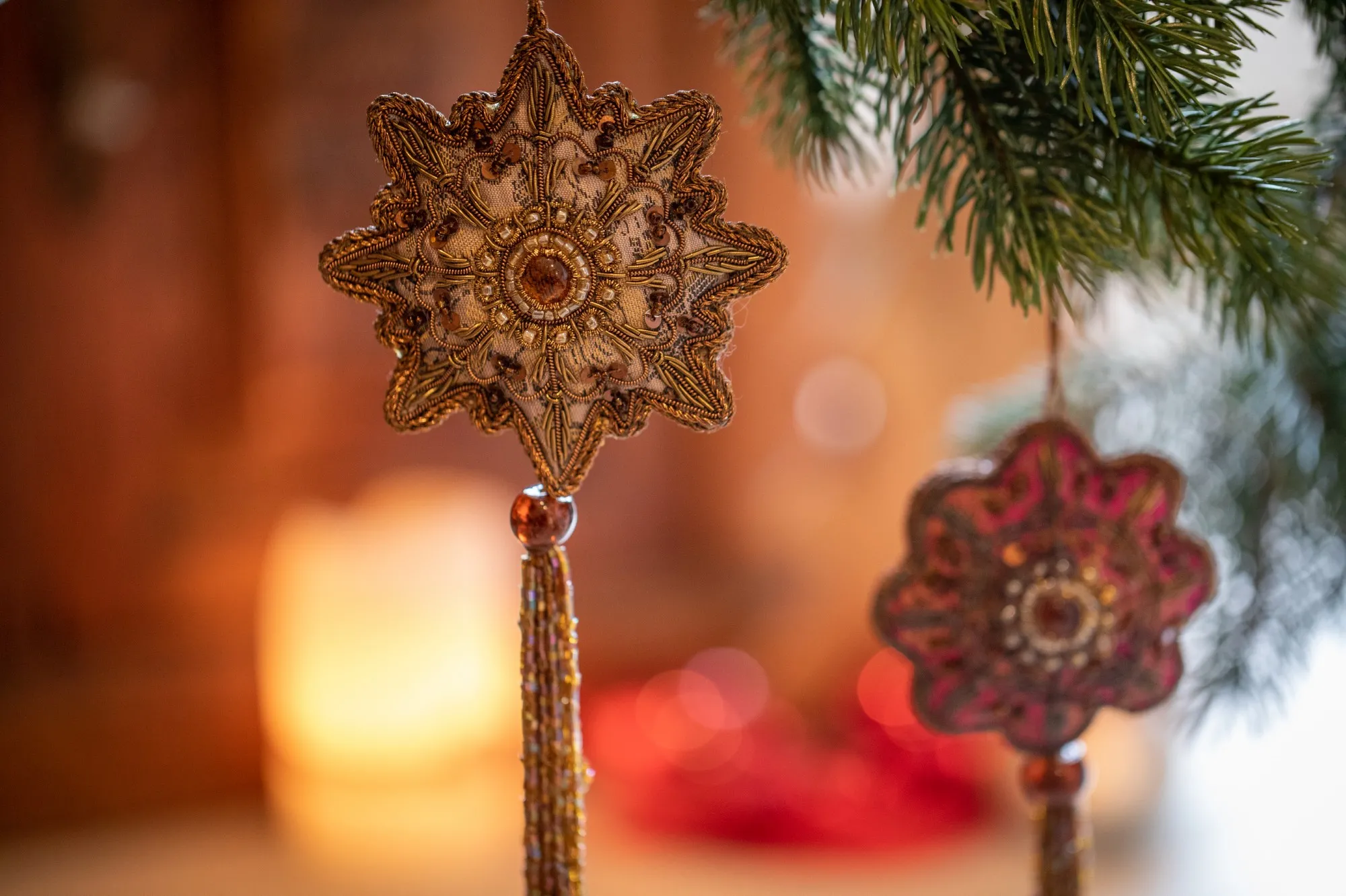 Zierschmuck Schneeflocke mit Troddel, Kunstseide, beige, B 11 cm, H 24 cm