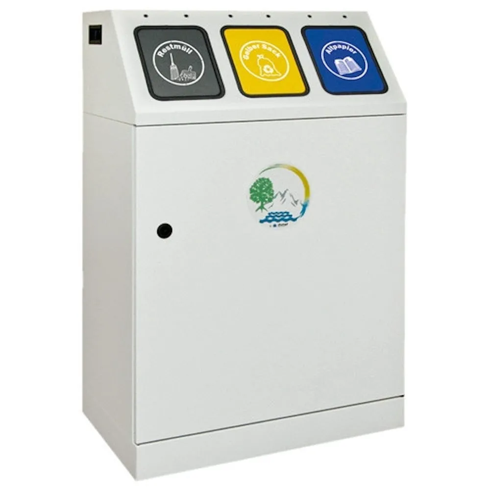 Wertstoffsammler mit selbstschließenden Einwurfklappen | 3x 30 Liter, HxBxT 92x58x38cm | Lichtgrau/Anthrazitgrau/Signalgelb/Enzianblau