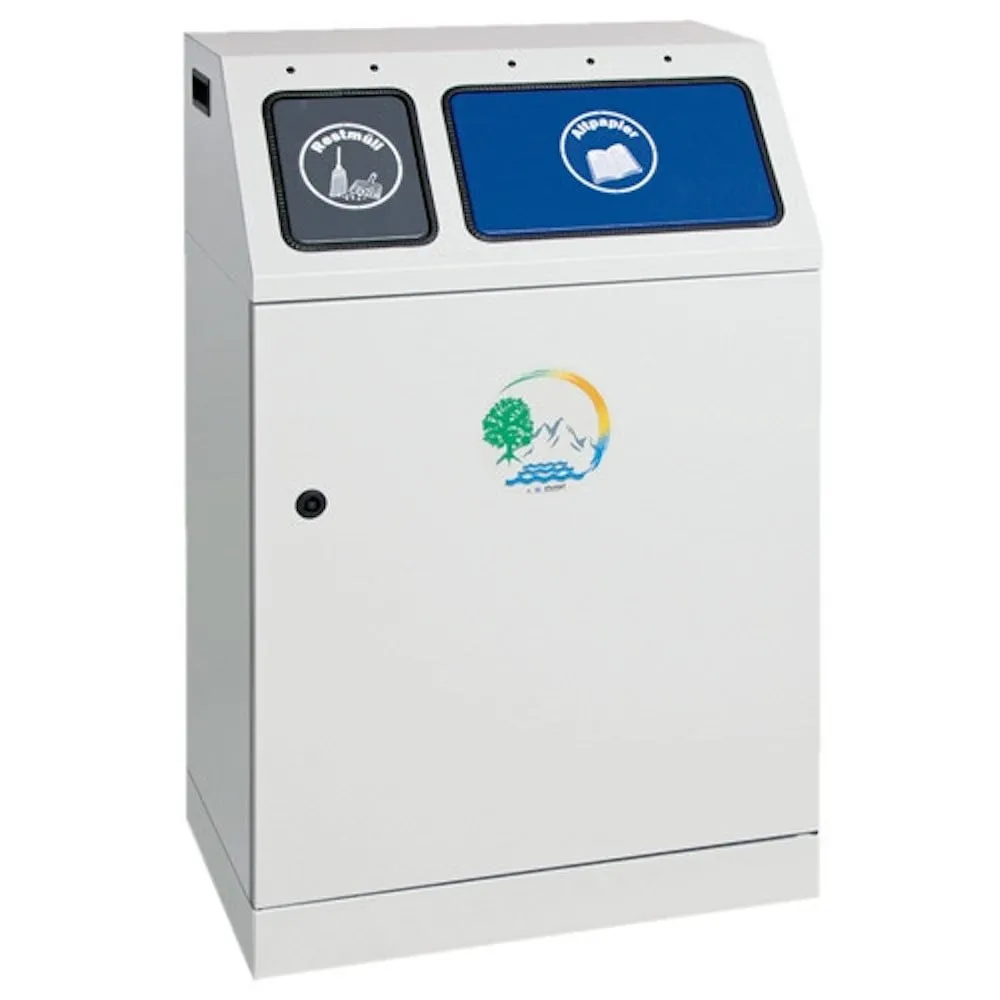 Wertstoffsammler mit selbstschließenden Einwurfklappen | 1x 30 & 1x 60 Liter, HxBxT 92x58x38cm | Lichtgrau/Anthrazitgrau/Enzianblau