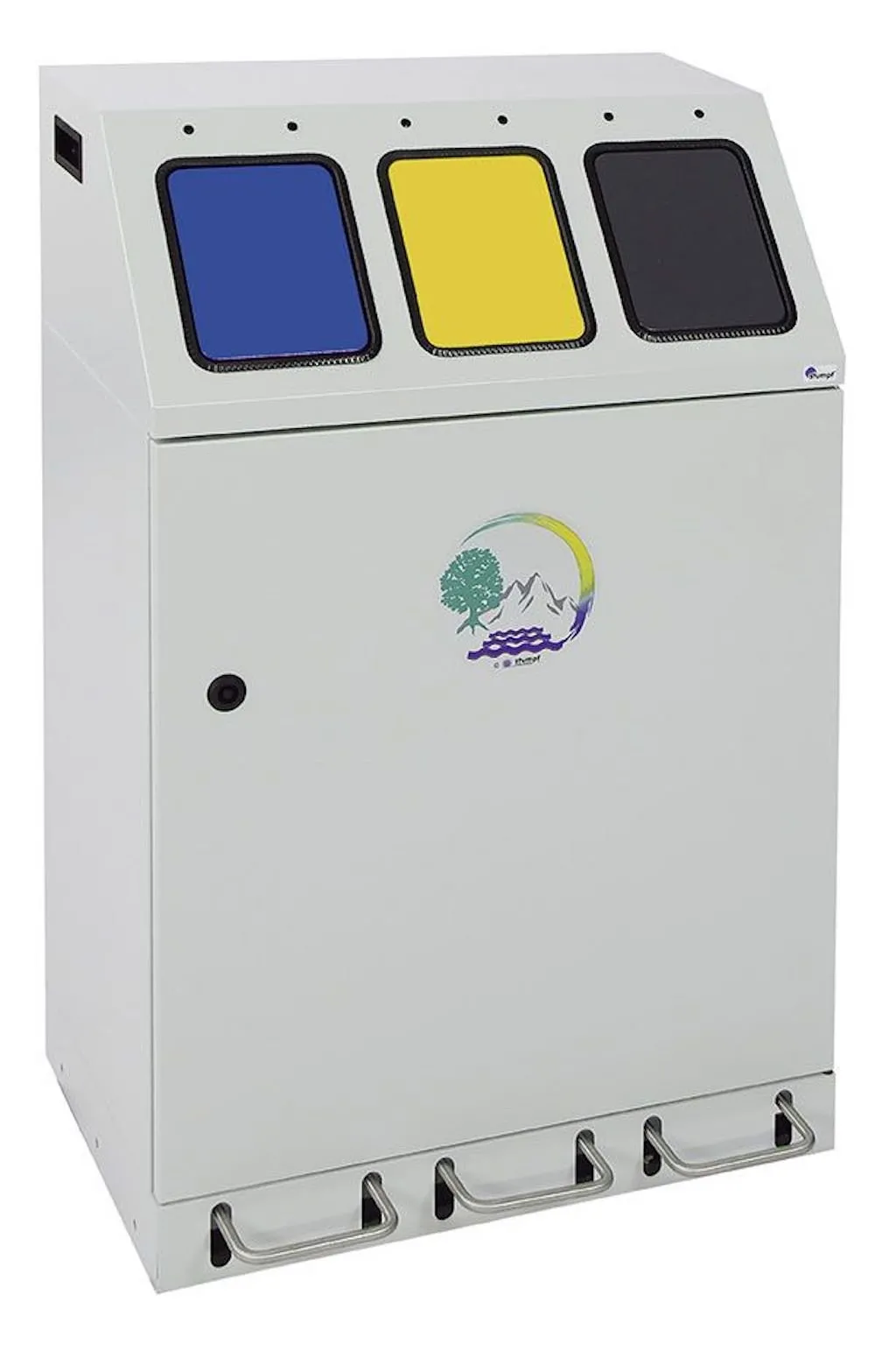 Wertstoffsammler mit selbstschließenden Einwurfklappen & Fußhebel | 3x 30 Liter, HxBxT 92x58x38cm | Lichtgrau/Anthrazitgrau/Signalgelb/Enzianblau