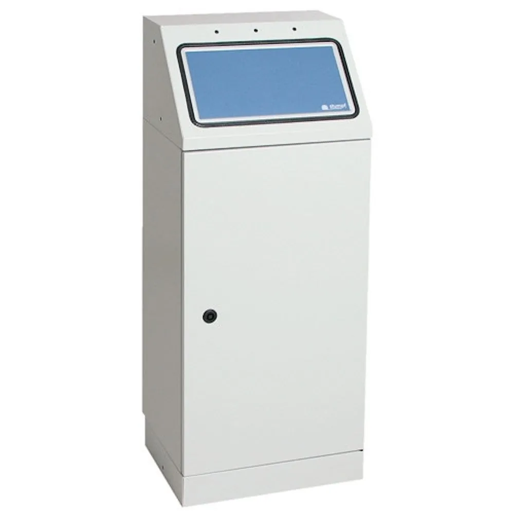 Abfallsammler mit selbstschließender Einwurfsklappe zur Wandbefestigung | 1x45 Liter, HxBxT 100x40x30cm | Selbstlöschend Brandschutzklasse A1 | Lichtgrau mit Klappenaufkleber in 3 Farben