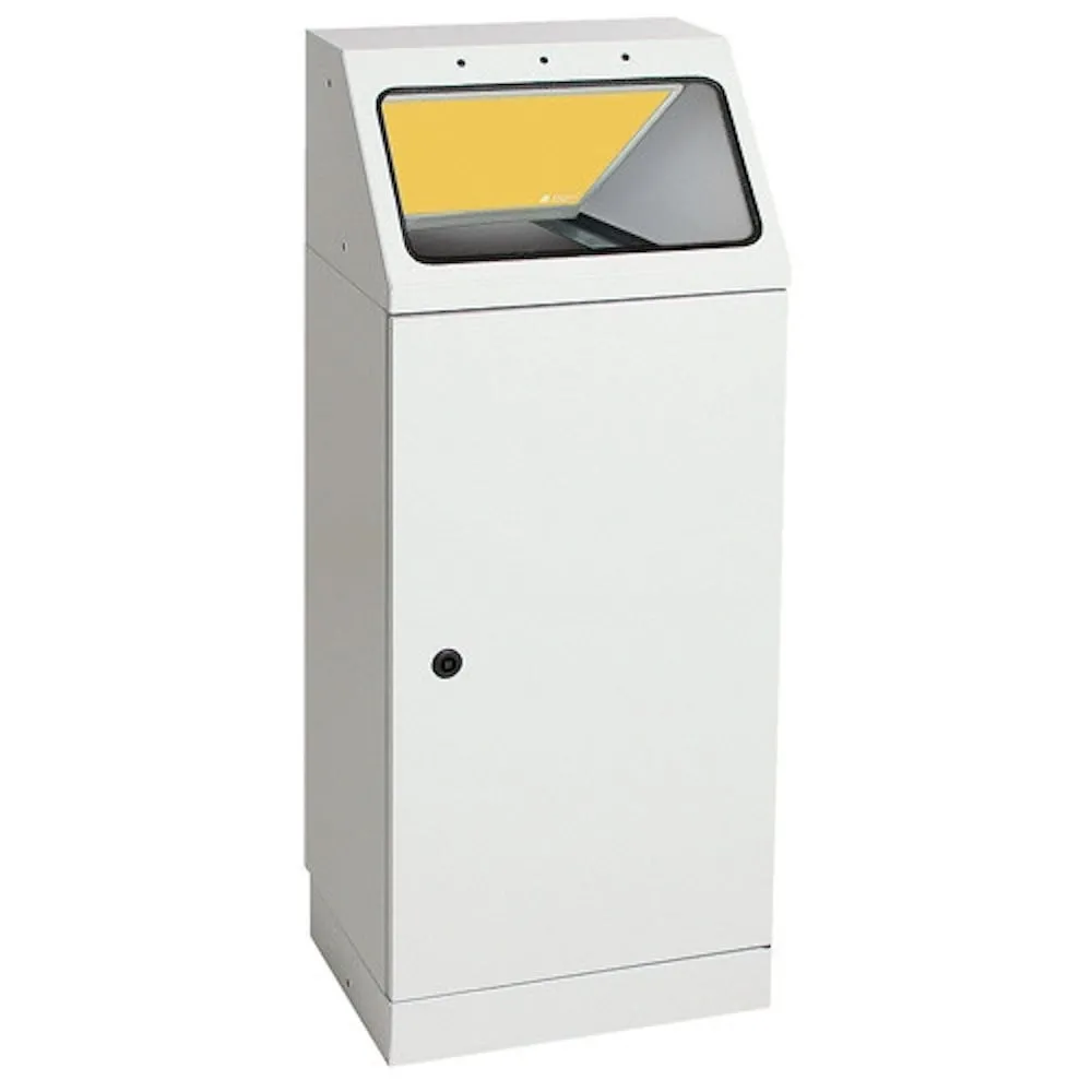 Abfallsammler mit offenstehender & selbstschließender Einwurfklappe zur Wandbefestigung | 1x45 Liter, HxBxT 100x40x30cm | Selbstlöschend Brandschutzklasse A1 | Lichtgrau/Gelb
