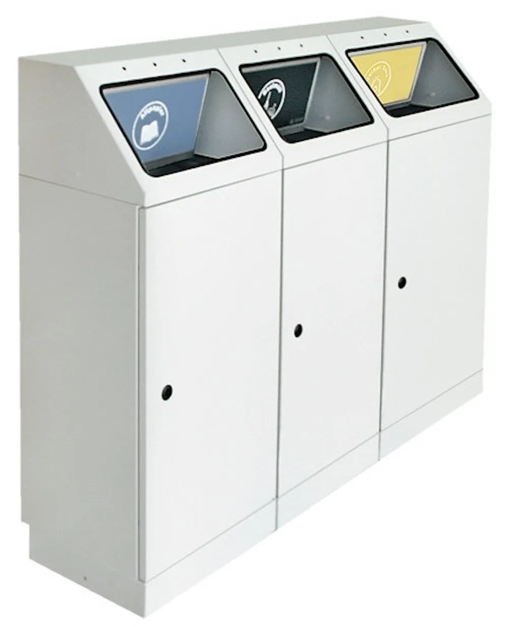 Abfallsammler mit offenstehender & selbstschließender Einwurfklappe zur Wandbefestigung | 3x45 Liter, HxBxT 100x120x30cm | Selbstlöschend Brandschutzklasse A1 | Lichtgrau mit Klappenaufkleber in 3 Farben