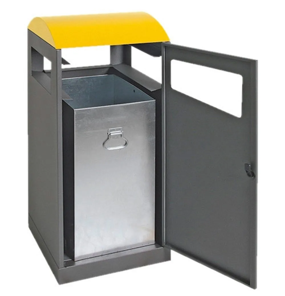 Abfallbehälter für Außenbereiche mit verzinktem Innenbehälter | 90 Liter, HxBxT 106x45x45cm | Brandschutzklasse A1 | Anthrazitgrau/Signalgelb
