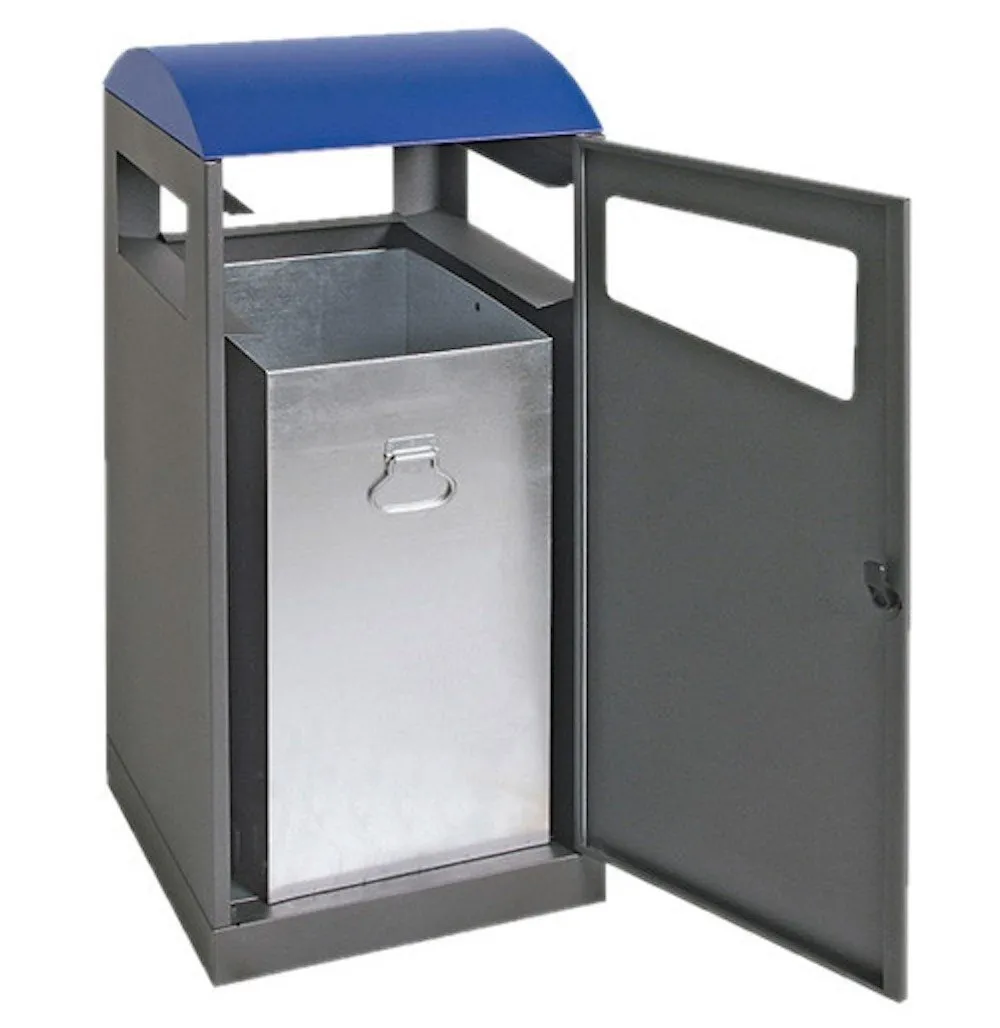 Abfallbehälter für Außenbereiche mit verzinktem Innenbehälter | 90 Liter, HxBxT 106x45x45cm | Brandschutzklasse A1 | Anthrazitgrau/Enzianblau
