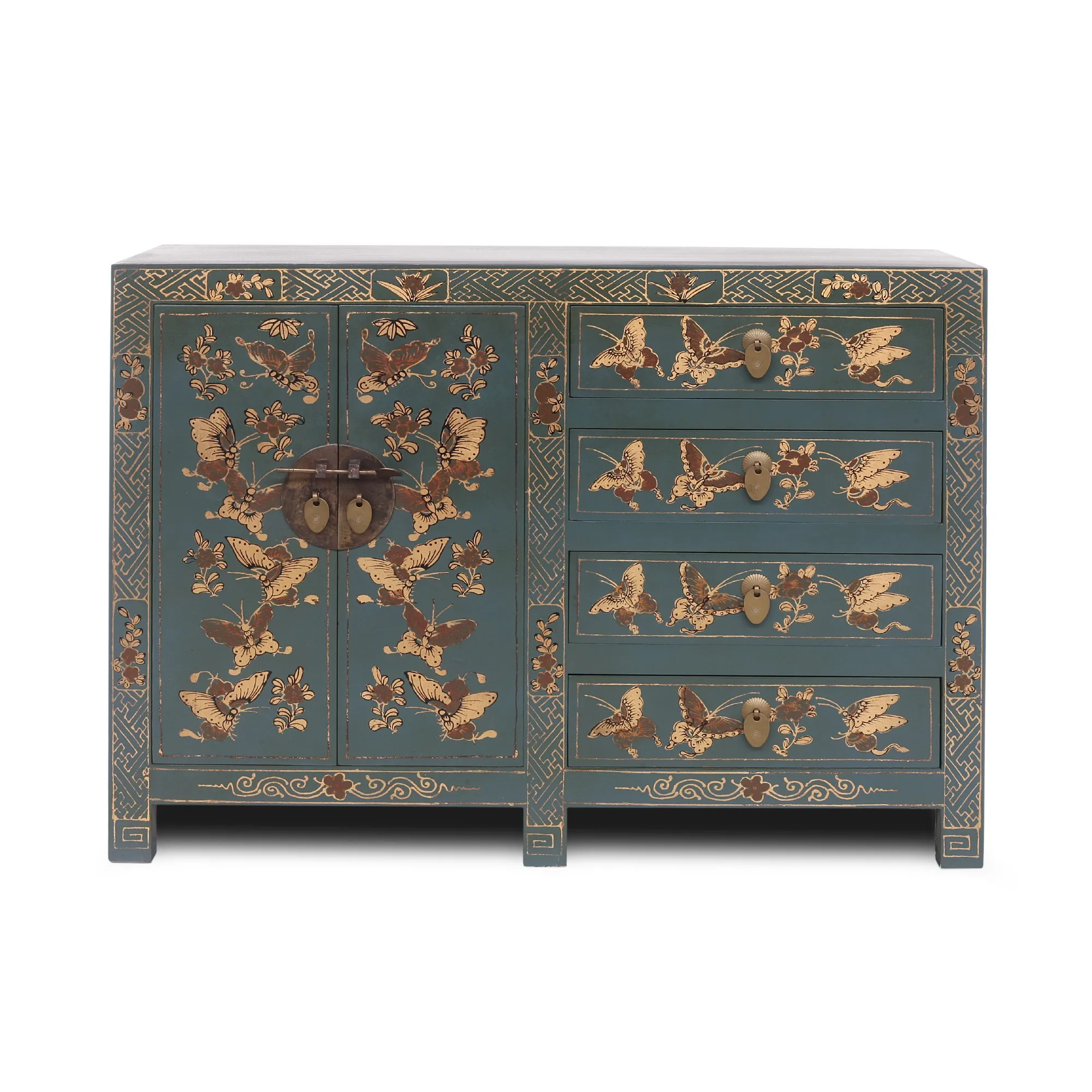 Kommode 'Schmetterling', 4 Schubladen, 2 Türen, blau, B 80 cm, H 60 cm, T 30 cm