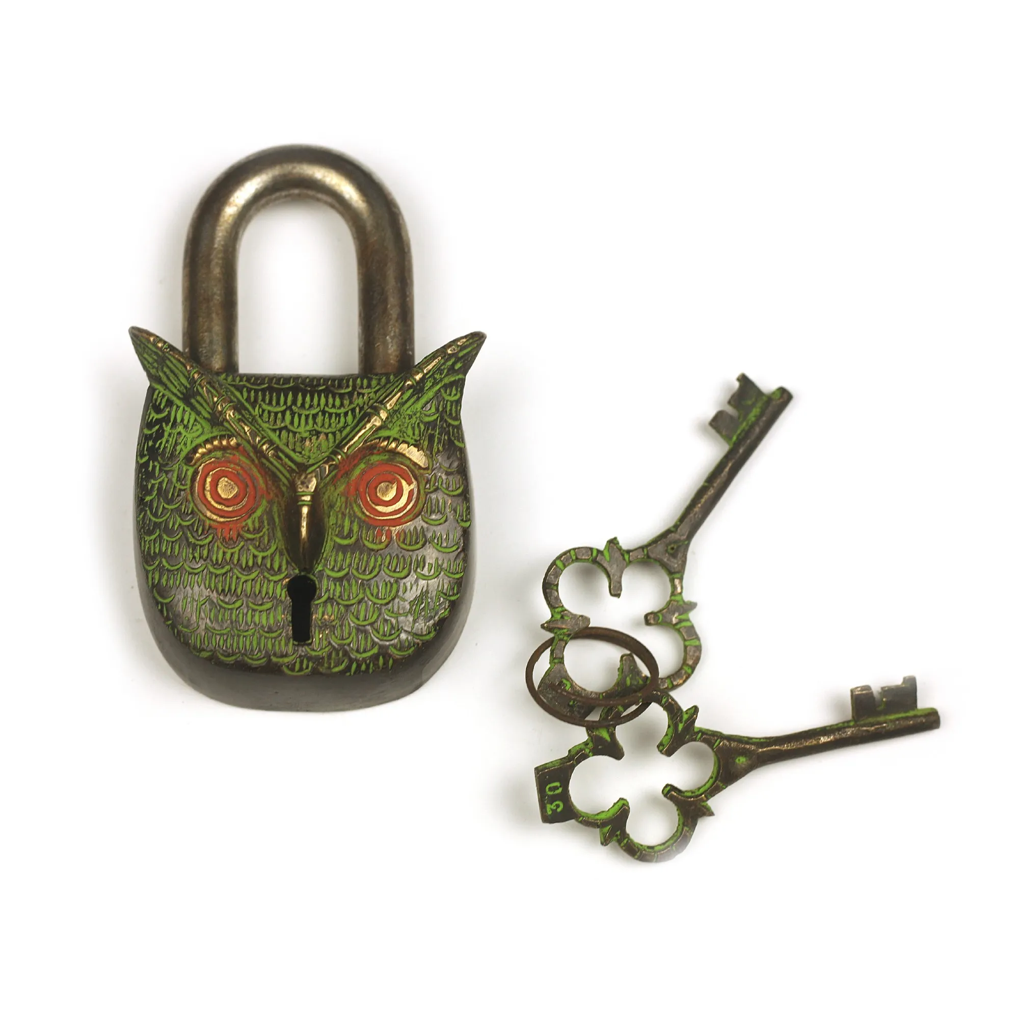 Schloss 'Eule', grün, rot, H 11,5 cm, B 6,8 cm, L 3 cm