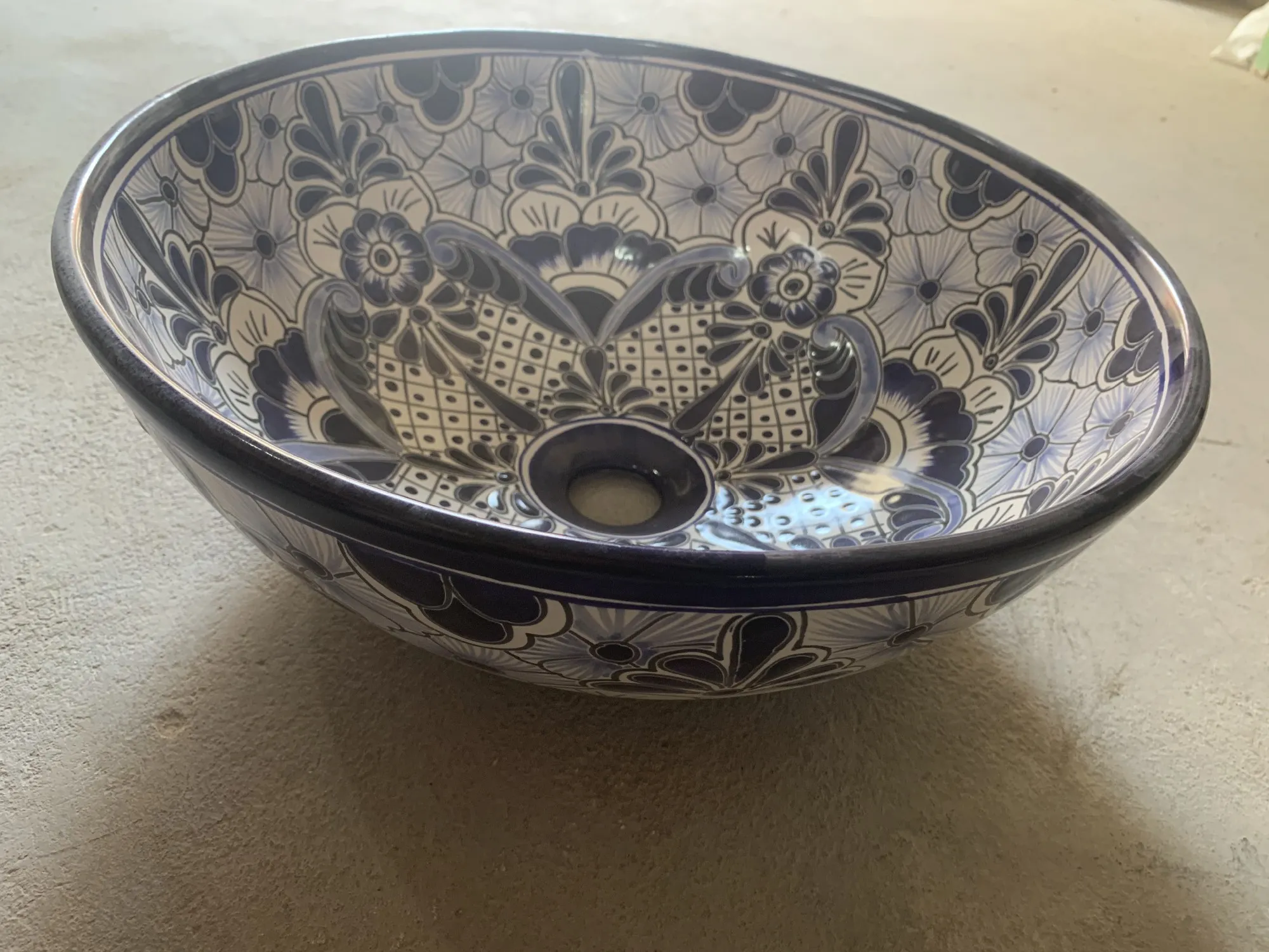 Keramikaufsatzwaschbecken 'Floral', blau, weiß, Ø 39 cm, H 15 cm