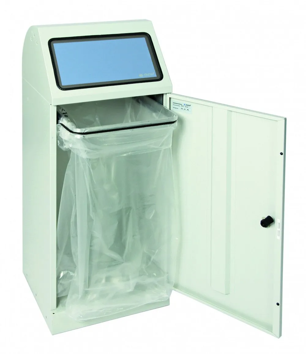 Abfallbehälter mit großem Einwurf & Tütenhalterung | 70 Liter, HxBxT 100x40x38cm | Feuer- & Geruchshemmend | Lichtgrau mit Klappenaufkleber in 3 Farben