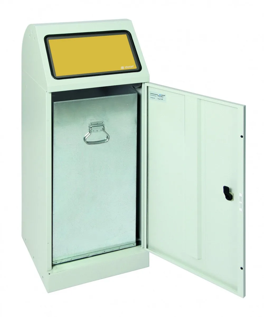 Abfallbehälter mit großem Einwurf & Stahleinsatz | 70 Liter, HxBxT 100x40x38cm | Feuer- & Geruchshemmend | Lichtgrau mit Klappenaufkleber in 3 Farben